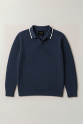 Wool Cable Knit Polo Sweater- Royal Navy